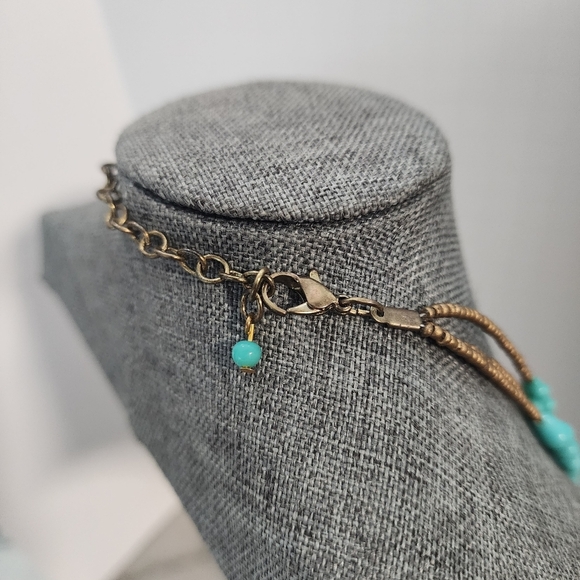 Layered Turquoise Glass Bead Statement Necklace Brass Seed Beads 16–19" - Picture 8 of 8